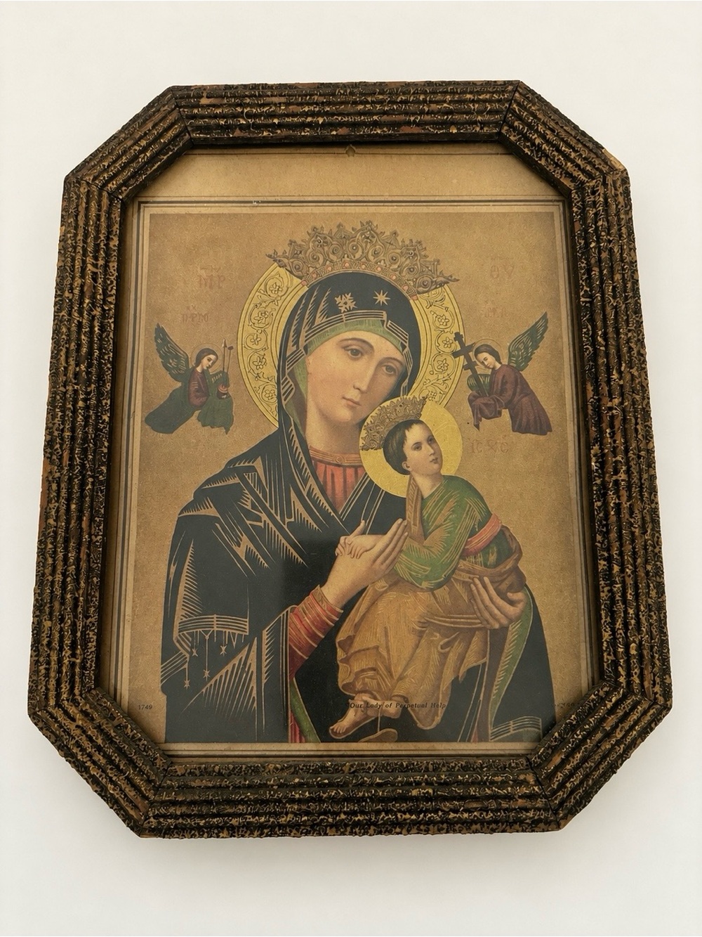 Antique Our Lady Perpetual Help Lithograph Ornate Wood Frame Catholic c1890-1910